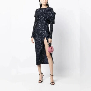 NWT Rachel Gilbert Mirella Sequin Navy Midi Dress Bow Sash Long Sleeve Size 8